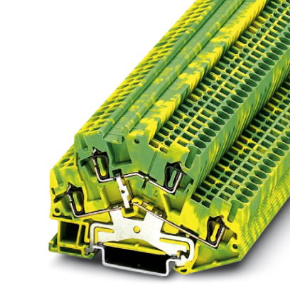 Phoenix Contact Ground - Multi-Level Desk Design Terminal Block; STTBS 2.5-PE; 2-Level; #28 - #12; Spring-Cage Connection; Green-Yellow
